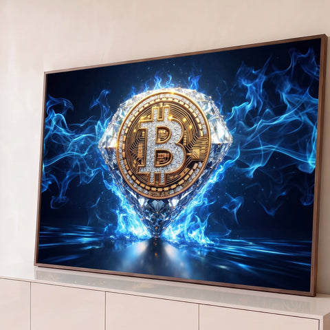 Moeda Bitcoin dourada cravejada sobre diamante com chamas azuis em fundo escuro, quadro decorativo