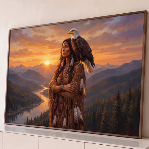 Mulher indígena de braços cruzados com águia no ombro, rio e montanhas ao pôr do sol, quadro decorativo