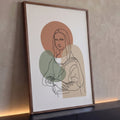 Mona Lisa desenhada em traço contínuo sobre círculo terracota, forma verde e arco bege, quadro decorativo