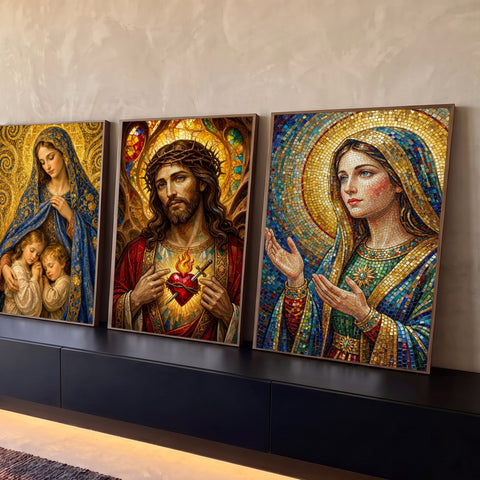 Quadro Decorativo Kit 3 Telas Jesus para Sala Dourado | quadros decorativos para sala | tríptico religioso com Jesus, Sagrado Coração e Nossa Senhora em mosaico dourado | Porao dos Quadros