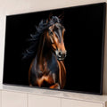 Quadro Decorativo Grande Cavalo Castanho Vento para Sala | quadros decorativos para sala | cavalo castanho com crina preta ao vento sobre fundo totalmente preto | Porao dos Quadros