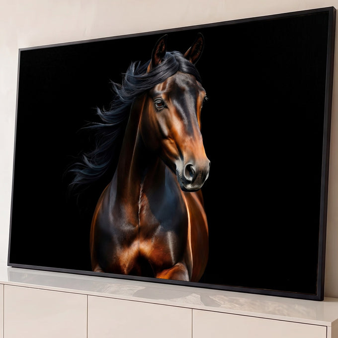 Quadro Decorativo Grande Cavalo Castanho Vento para Sala | quadros decorativos para sala | cavalo castanho com crina preta ao vento sobre fundo totalmente preto | Porao dos Quadros