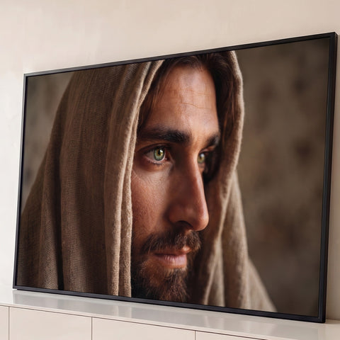 Retrato realista de Jesus Cristo de perfil com manto bege de linho e olhos verdes, quadro decorativo
