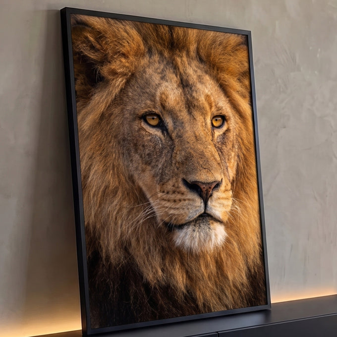 Close do rosto de leão com juba dourada e olhos âmbar em fotografia realista, quadro decorativo