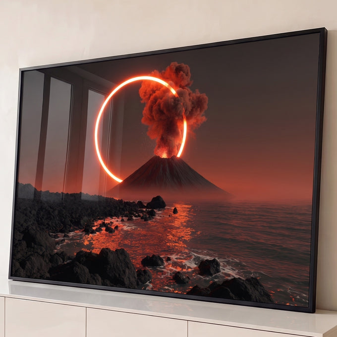 Quadro Decorativo Grande Vulcão em Erupção para Sala Preto | quadros decorativos para sala | vulcão em erupção com fumaça vermelha dentro de um anel de luz dourada | Porao dos Quadros