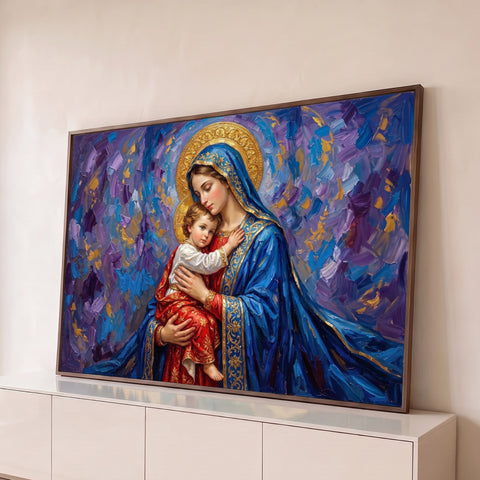 Nossa Senhora abraçando o Menino Jesus com halo dourado e fundo roxo e azul em pinceladas, quadro decorativo