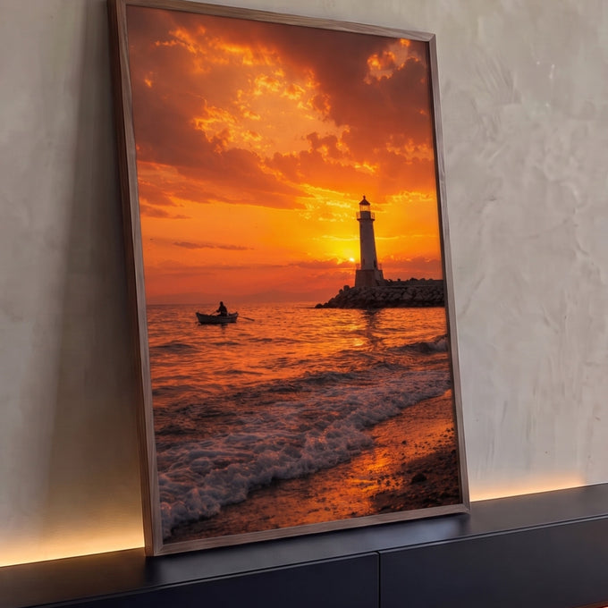 Farol branco e pescador em barco a remo no mar ao pôr do sol laranja, quadro decorativo