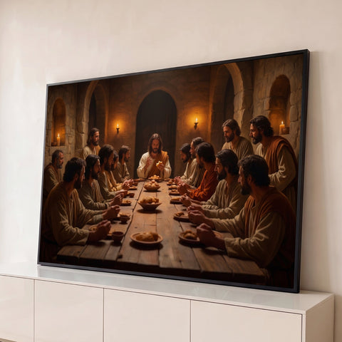 Jesus parte o pão com os apóstolos em mesa de madeira sob arcos de pedra e velas, quadro decorativo