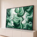 Quadro Decorativo Grande Ondas Abstratas para Sala Verde | quadros decorativos para sala | pinceladas verdes e brancas formando ondas fluidas em pintura abstrata | Porao dos Quadros