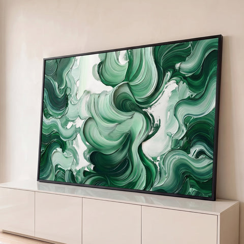 Pintura abstrata de pinceladas espessas em redemoinho, tons de verde e branco, quadro decorativo