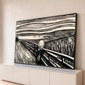 Litografia O Grito de Munch em preto e branco, figura na ponte sob céu ondulado, quadro decorativo