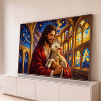 Quadro Decorativo Grande Jesus Abraça para Sala Dourado - Borda Infinita / 65x100cm
