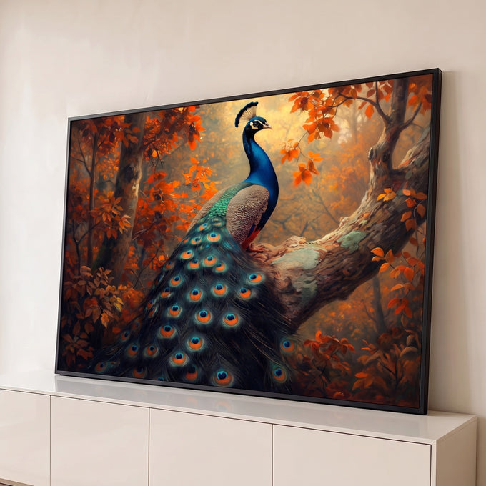 Pavão de plumagem azul e verde pousado em galho entre folhas laranja de outono, quadro decorativo