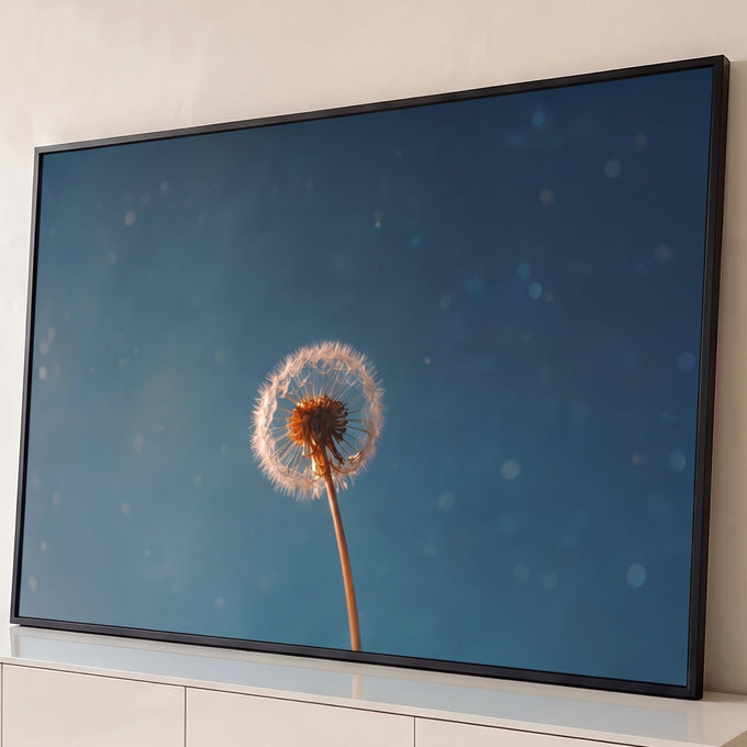 Dente-de-leão iluminado em contraluz contra céu azul com pontos de luz em bokeh, quadro decorativo