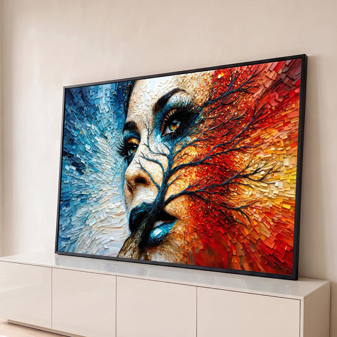 Rosto de mulher em mosaico dividido entre azul e vermelho, atravessado por galho escuro, quadro decorativo