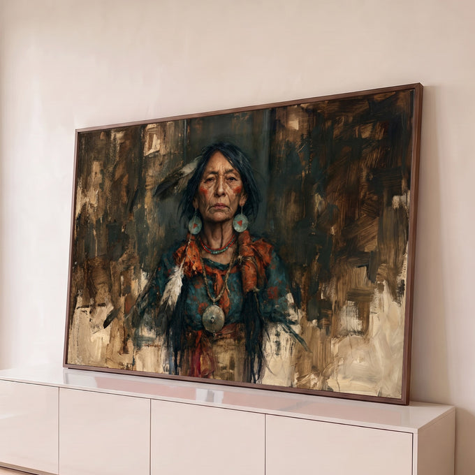 Retrato de anciã indígena com penas, brincos e colar turquesa sobre fundo terroso, quadro decorativo