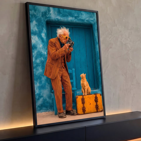 Senhor de terno listrado filma gato laranja sobre mala amarela diante de porta azul, quadro decorativo