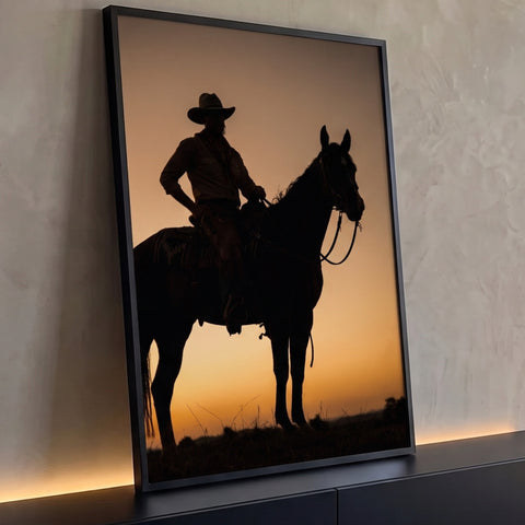 Silhueta de peão de chapéu montado a cavalo contra céu laranja de pôr do sol, quadro decorativo