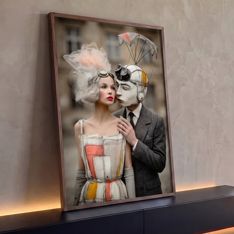Casal surreal: mulher com tule e batom vermelho e homem de máscara com paraquedas, quadro decorativo