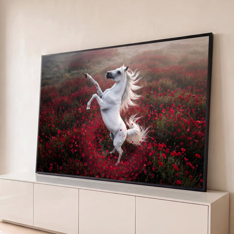 Cavalo branco empinado com a crina ao vento em um campo de papoulas vermelhas com névoa, quadro decorativo