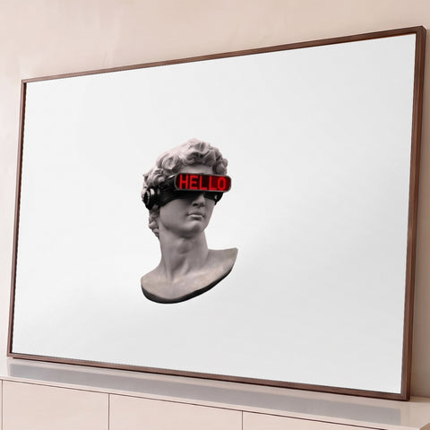 Busto clássico de Davi em mármore com visor futurista LED vermelho HELLO, fundo branco, quadro decorativo