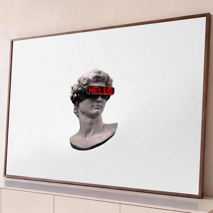 Busto clássico de Davi em mármore com visor futurista LED vermelho HELLO, fundo branco, quadro decorativo