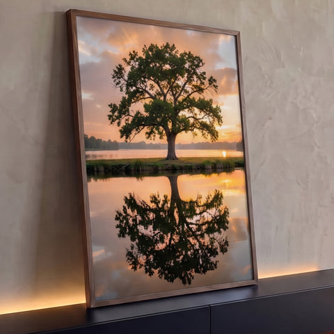 Árvore frondosa verde às margens de lago refletida na água ao pôr do sol laranja, quadro decorativo