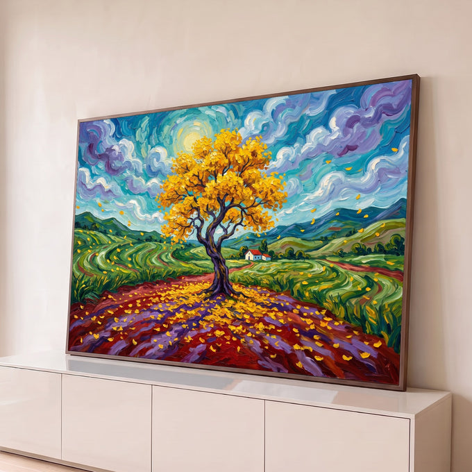 Quadro Decorativo Grande Árvore Dourada para Sala Amarelo | quadros decorativos para sala | árvore de folhas douradas sob céu azul e roxo em espiral, estilo impressionista | Porao dos Quadros