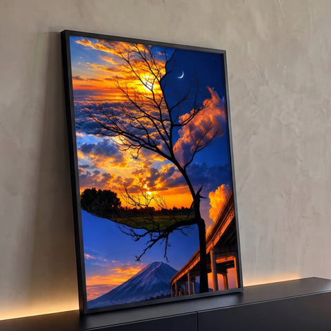 Árvore seca em silhueta entre pôr do sol laranja e noite com lua, Monte Fuji e viaduto, quadro decorativo