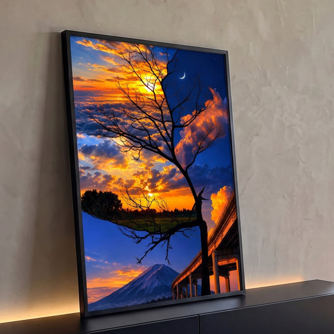 Quadro Decorativo Grande Árvore o Dia para Sala Laranja | quadros decorativos para sala | árvore silhueta dividindo pôr do sol dourado e céu noturno estrelado com Monte Fuji | Porao dos Quadros