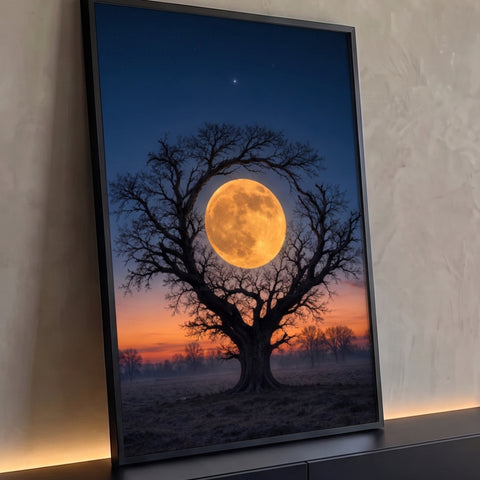 Árvore em silhueta com lua cheia laranja entre os galhos e céu azul estrelado, quadro decorativo