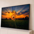 Quadro Decorativo Grande Dente Pôr do Sol para Sala Laranja | quadros decorativos para sala | dente-de-leão em silhueta contra pôr do sol laranja com raios de luz | Porao dos Quadros