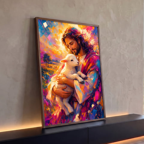 Jesus abraçando cordeiro branco em pintura colorida rosa, laranja e azul com pinceladas, quadro decorativo