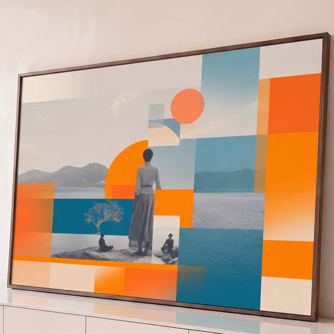 Colagem com mulher de costas olhando o mar, montanhas, árvore dourada e blocos laranja, quadro decorativo