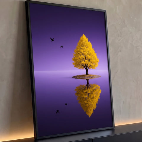 Árvore amarela solitária em ilhota refletida no lago roxo com pássaros voando, quadro decorativo