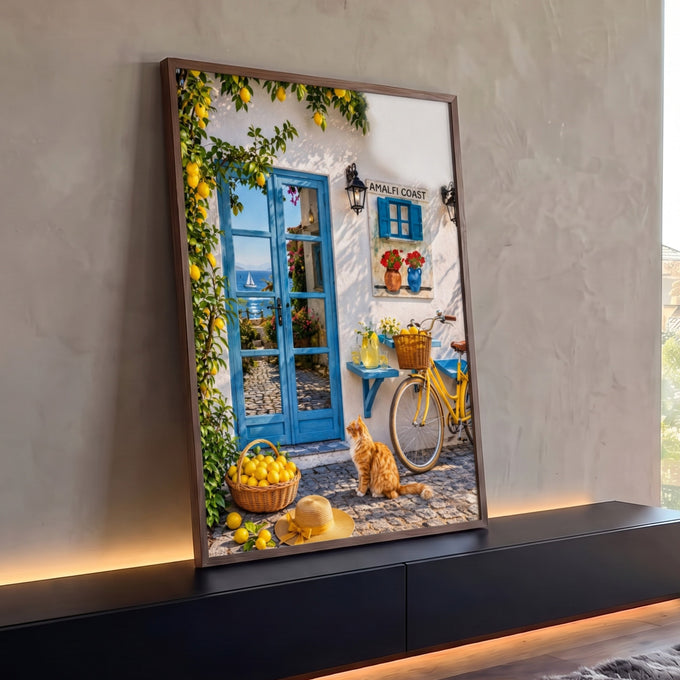 Fachada branca da Costa Amalfitana com porta azul, limoeiro, bicicleta amarela e gato ruivo, quadro decorativo