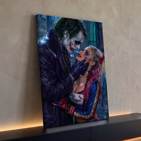 Quadro Decorativo Grande Palhaços na Chuva para Sala Roxo | quadros decorativos para sala | casal com maquiagem de palhaço sob chuva intensa em tons roxo e neon | Porao dos Quadros