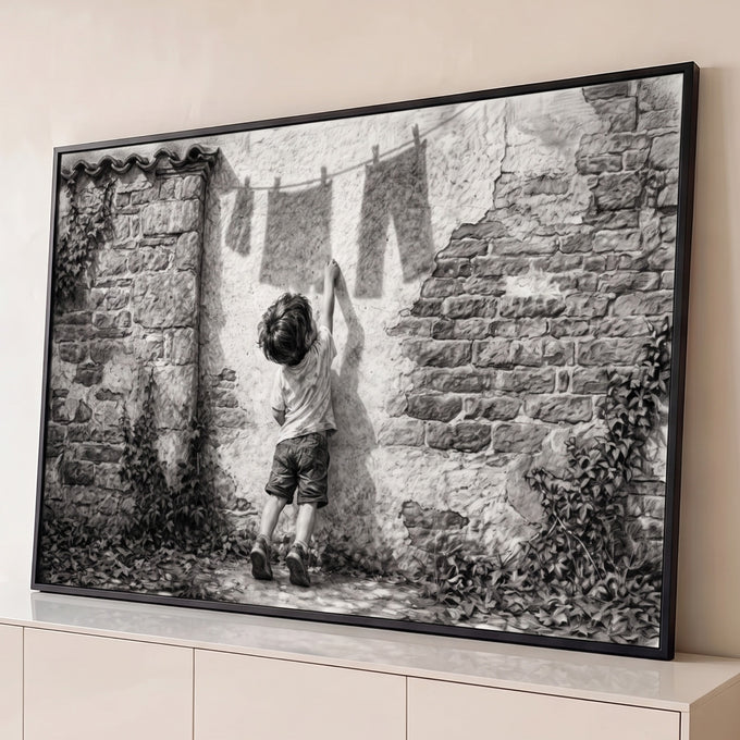 Quadro Decorativo Grande Menino Alcançando para Sala Preto | quadros decorativos para sala | menino de costas alcançando roupas num varal junto a parede de pedra em preto e branco | Porao dos Quadros