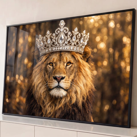 Leão de juba dourada usando coroa de prata com diamantes sobre fundo dourado desfocado, quadro decorativo