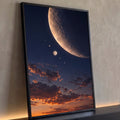 Lua crescente com crateras, Júpiter e planetas sobre nuvens alaranjadas ao entardecer, quadro decorativo