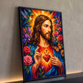 Quadro Decorativo Grande Sagrado Coração Cruz para Sala Azul | quadros decorativos para sala | retrato de Jesus Cristo em mosaico geométrico com coração sagrado em chamas e flores | Porao dos Quadros