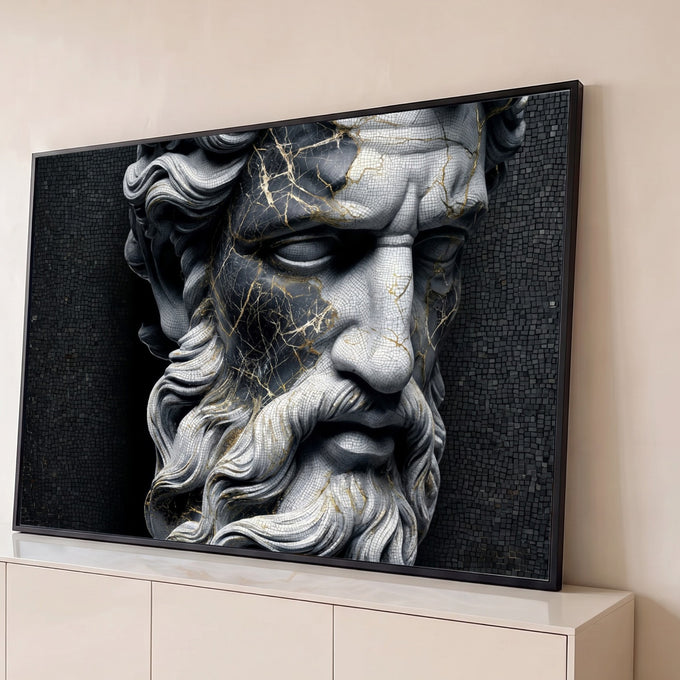 Busto de deus grego barbudo em mosaico com rachaduras douradas kintsugi e fundo preto, quadro decorativo