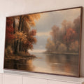 Quadro Decorativo Floresta de Outono à Beira do Lago | quadros decorativos para sala | floresta de outono em tons vermelhos e dourados refletida num lago calmo com névoa | Porao dos Quadros