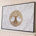 Quadro Decorativo Grande Árvore da Vida Nós Celtas para Sala | quadros decorativos para sala | árvore da vida dourada com raízes em nós celtas sobre fundo de mármore branco | Porao dos Quadros