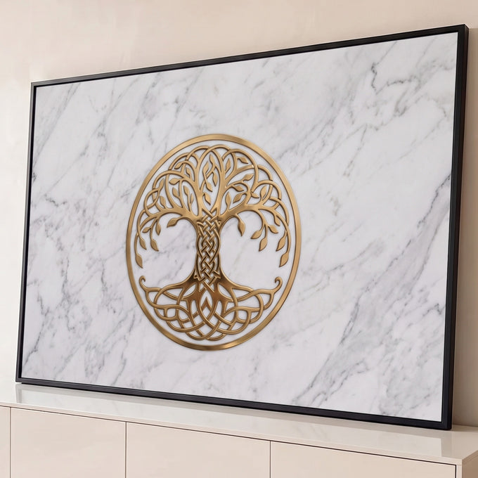 Quadro Decorativo Grande Árvore da Vida Nós Celtas para Sala | quadros decorativos para sala | árvore da vida dourada com raízes em nós celtas sobre fundo de mármore branco | Porao dos Quadros