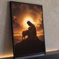 Quadro Decorativo Grande Jesus Pastor Laranja para Sala | quadros decorativos para sala | Jesus ajoelhado abraçando um cordeiro branco sob pôr do sol dourado com três cruzes ao fundo | Porao dos Quadros