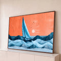 Quadro Decorativo Grande Veleiro no Mar para Sala Azul | quadros decorativos para sala | veleiro navegando em ondas azuis estilizadas sob céu laranja com sol e pássaros | Porao dos Quadros