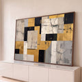 Quadro Decorativo Grande Abstrato Dourado para Sala Dourado | quadros decorativos para sala | composição abstrata geométrica em dourado, preto e bege com textura rachada | Porao dos Quadros