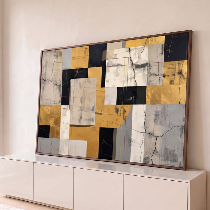 Quadro Decorativo Grande Abstrato Dourado para Sala Dourado | quadros decorativos para sala | composição abstrata geométrica em dourado, preto e bege com textura rachada | Porao dos Quadros