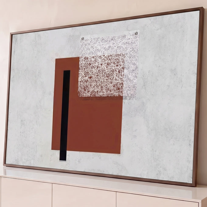 Bloco terracota, faixa preta e trama branca sobre concreto cinza em estilo Bauhaus, quadro decorativo